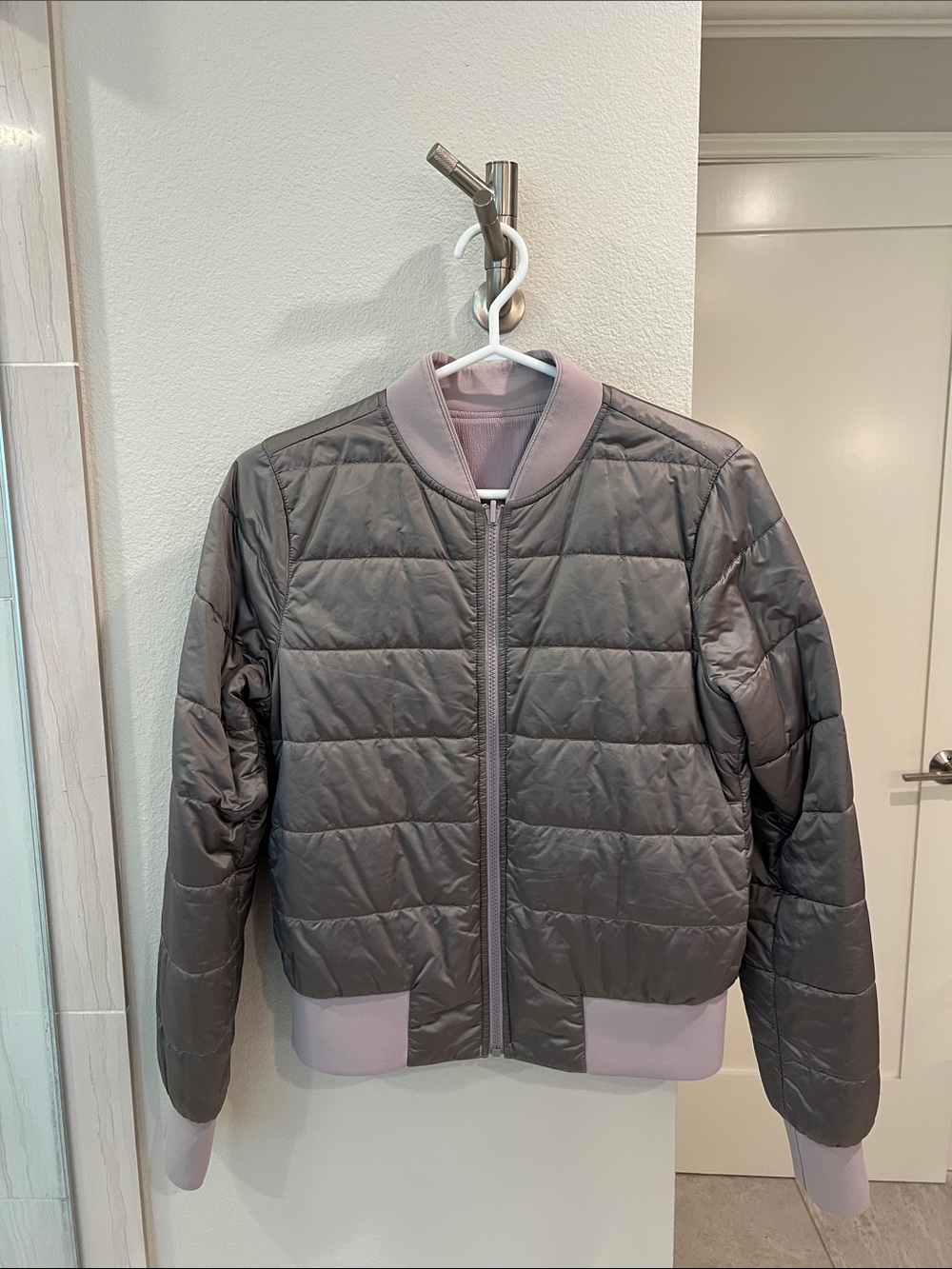 lululemon athletica Quilted Bomber Jacket in Gray with Light Mauve Trim
